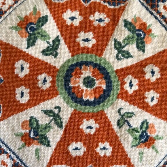 Vintage European Needlepoint Folk Art Flowers Octagon 14.5 x 15" Unframed - Picture 3 of 9
